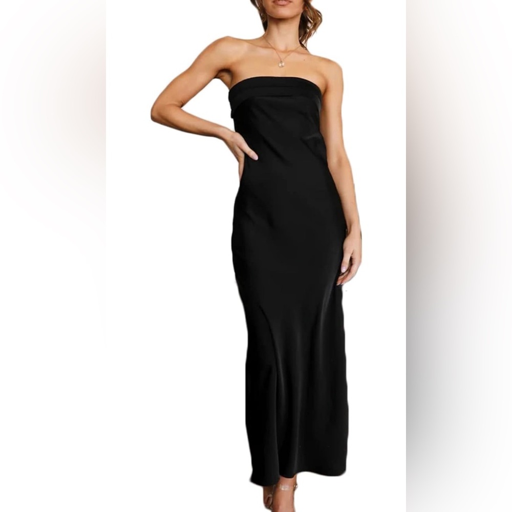 Black satin strapless maxi dress